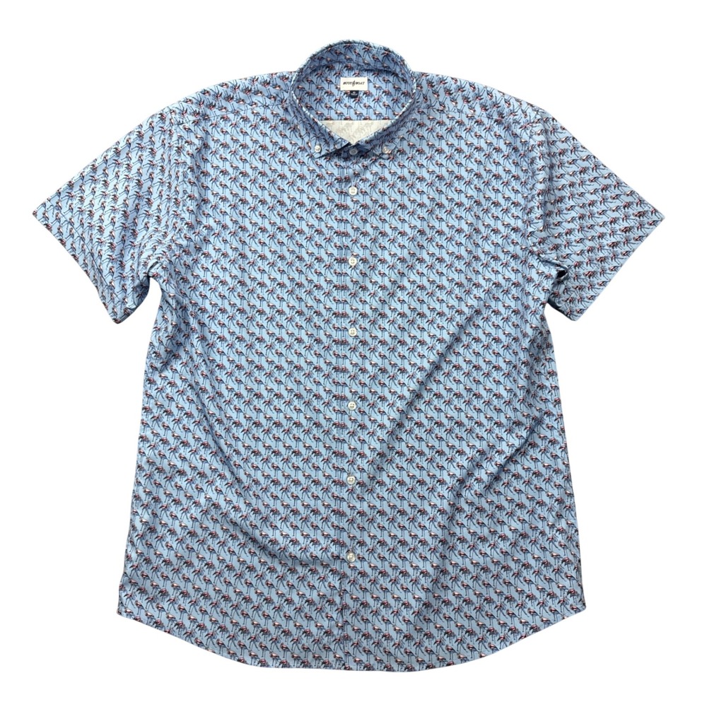 Buoy & Boat Men XL Flamingo Print Short Sleeve Button Shirt Blue Stretch Golf